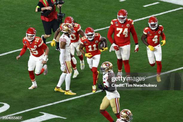 Marquez Valdes-Scantling of the Kansas City Chiefs celebrates with teammates after catching a pass for a touchdown in the third quarter against the...