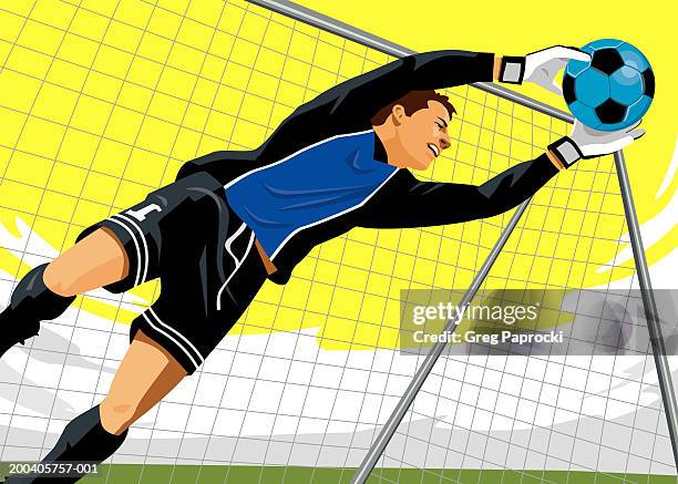 ilustraciones, imágenes clip art, dibujos animados e iconos de stock de male soccer goalie diving for ball - guante deportivo