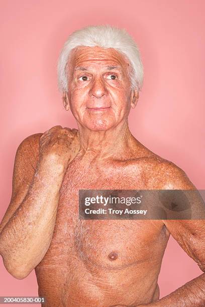 bare chested senior man, close-up - chest hair stock pictures, royalty-free photos & images