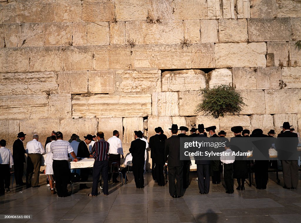 Israel, men praying at Wailing Wall, rear view, evening