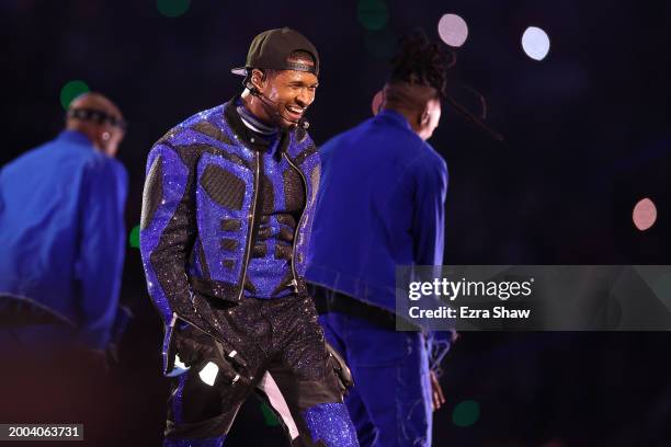 Usher performs onstage during the Apple Music Super Bowl LVIII Halftime Show at Allegiant Stadium on February 11, 2024 in Las Vegas, Nevada.