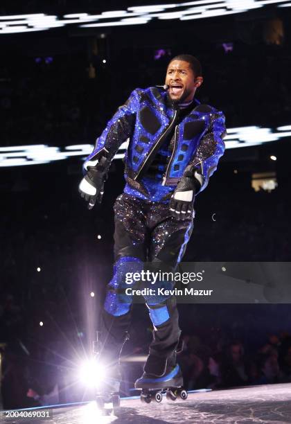 Usher performs onstage during the Apple Music Super Bowl LVIII Halftime Show at Allegiant Stadium on February 11, 2024 in Las Vegas, Nevada.