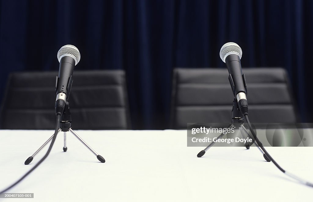Two Microphones Two Microphones On Table Close Up High-Res Stock Photo - Getty Images