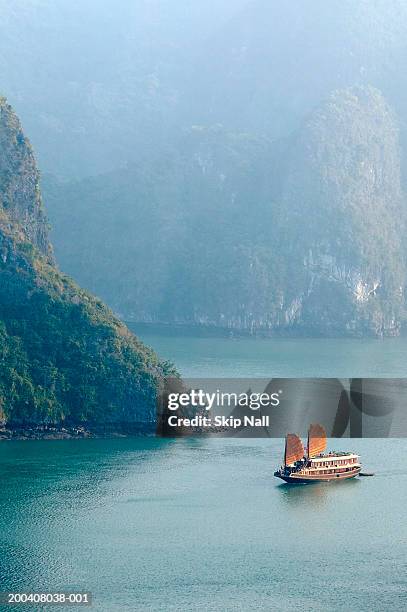 vietnam, halong bay, junk ship at sea, elevated view - baie d'halong photos et images de collection