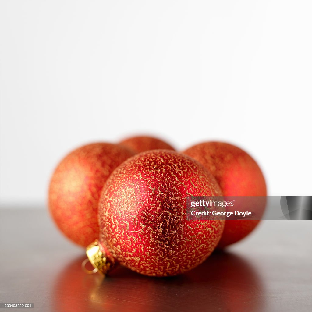 Red christmas baubles, close-up