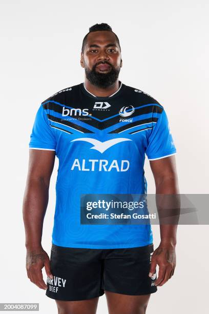 Taqele Naiyaravoro poses during a Western Force 2024 Super Rugby Headshots Session on December 20, 2023 in Perth, Australia.