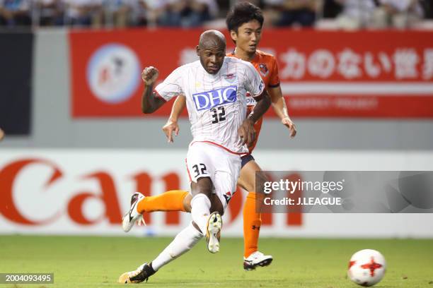 Victor Ibarbo of Sagan Tosu scores the team's first goal during the J.League J1 match between Sagan Tosu and Omiya Ardija at Best Amenity Stadium on...