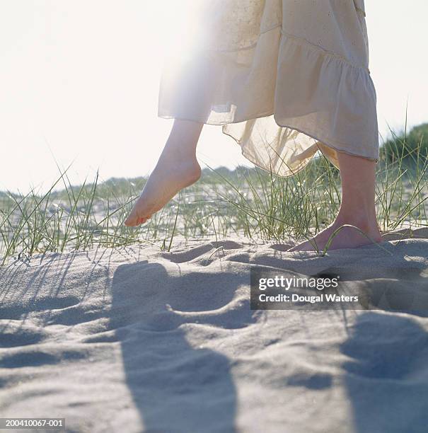 young woman walking bare foot on sandy beach, low section - womans bare feet fotografías e imágenes de stock