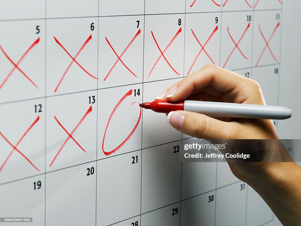 Woman circling day on wall calendar, close-up