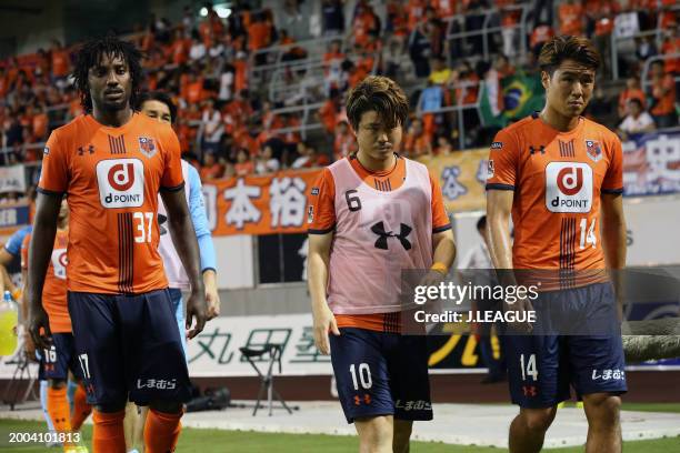 Omiya Ardija players look dejected after the team's 0-3 defeat in the J.League J1 match between Sagan Tosu and Omiya Ardija at Best Amenity Stadium...