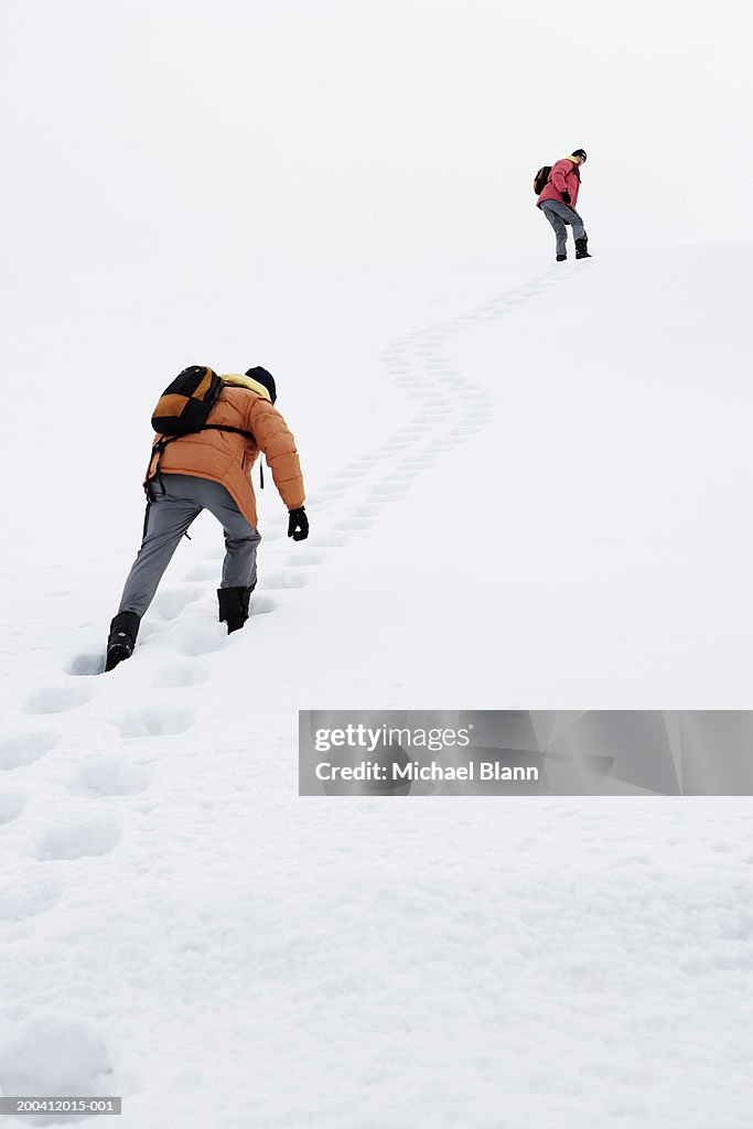 Two men hiking up snow covered mountain, rear view, low angle view