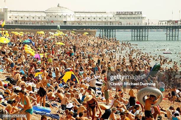 england, brighton, crowded beach, summer - palace pier fotografías e imágenes de stock