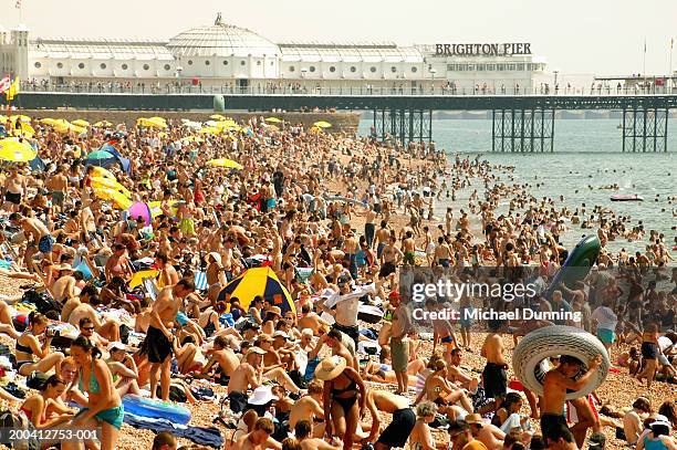 england, brighton, crowded beach, summer - uk beach stock pictures, royalty-free photos & images
