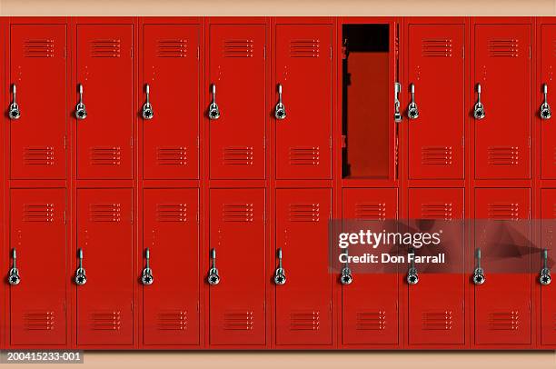 red school lockers, one locker open (digital composite) - lockers bildbanksfoton och bilder