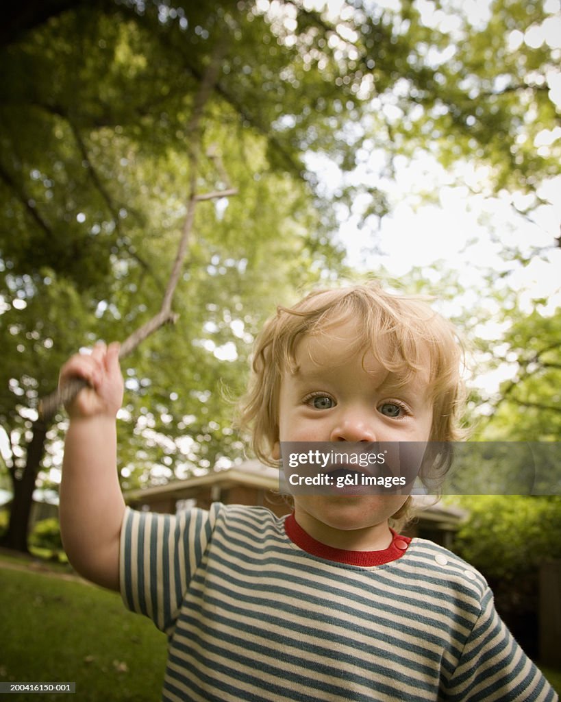 Young boy (2-4) holding stick, portrait