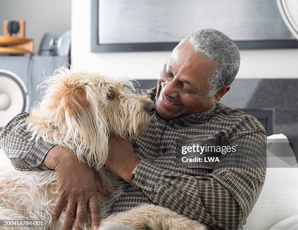 senior man sitting on sofa, playing with dog, close-up - senior pets stock pictures, royalty-free photos & images