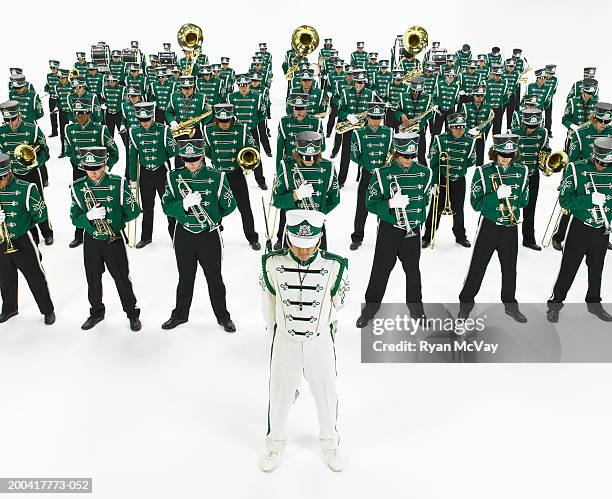 teenage (14-18) marching band standing in rows, elevated view - mellophone stock pictures, royalty-free photos & images