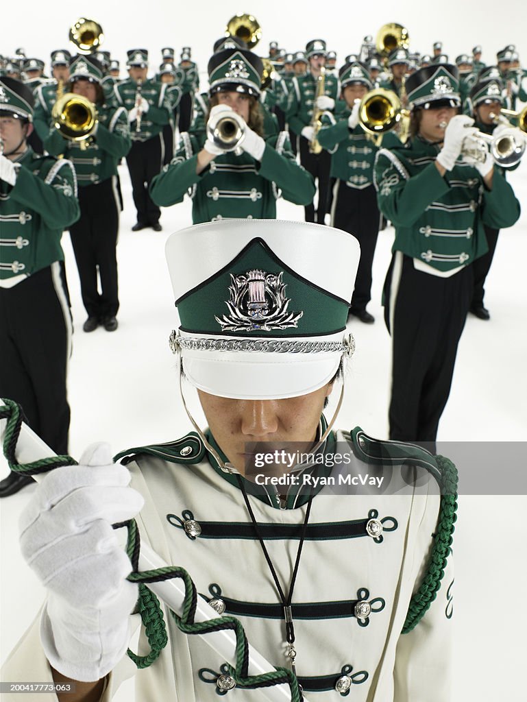 Teenage (14-18) marching band, elevated view (focus on drum major)