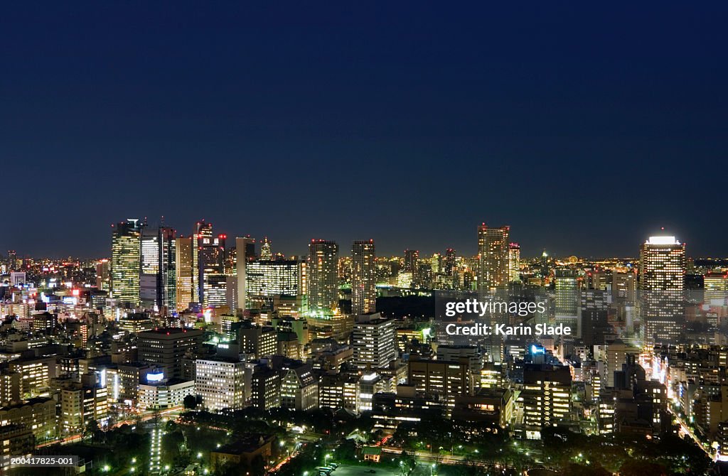 Japan, Tokyo, Shidome left and Hamaatsucho right, elevated, night