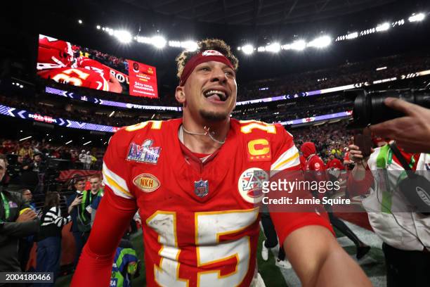 Patrick Mahomes of the Kansas City Chiefs celebrates after defeating the San Francisco 49ers 25-22 \d during Super Bowl LVIII at Allegiant Stadium on...