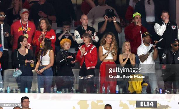 Lana Del Rey, Ice Spice, Taylor Swift, and Blake Lively attend the Super Bowl LVIII Pregame at Allegiant Stadium on February 11, 2024 in Las Vegas,...