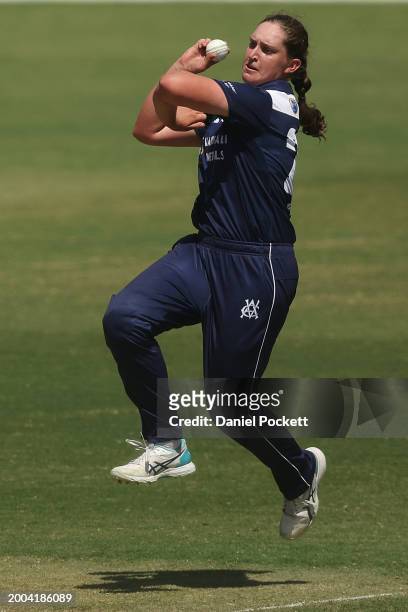 Jasmine Nevins of Victoria bowls during the WNCL match between Victoria and Tasmania at CitiPower Centre, on February 12 in Melbourne, Australia.