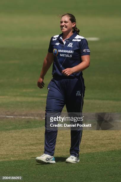 Jasmine Nevins of Victoria reacts during the WNCL match between Victoria and Tasmania at CitiPower Centre, on February 12 in Melbourne, Australia.