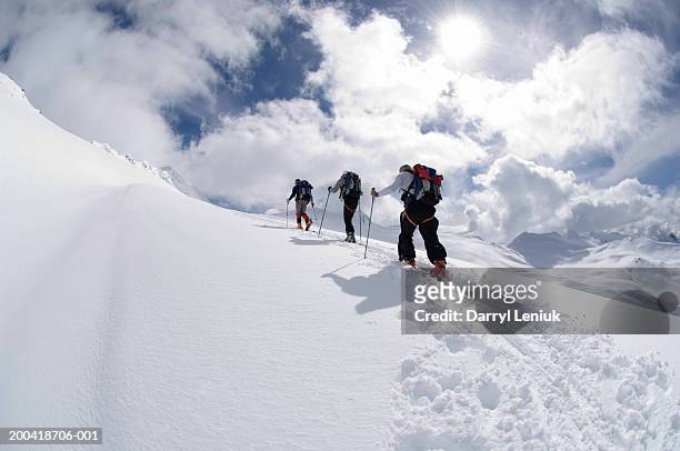 three men backcountry skiing, rear view - people climbing walking mountain group stock pictures, royalty-free photos & images