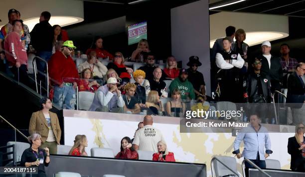 Felix, Donna Kelce, RIOTUSA, Ice Spice and Taylor Swift attend the Super Bowl LVIII Pregame at Allegiant Stadium on February 11, 2024 in Las Vegas,...