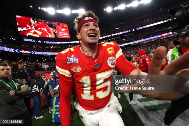 Patrick Mahomes of the Kansas City Chiefs celebrates after defeating the San Francisco 49ers 25-22 in overtime during Super Bowl LVIII at Allegiant...