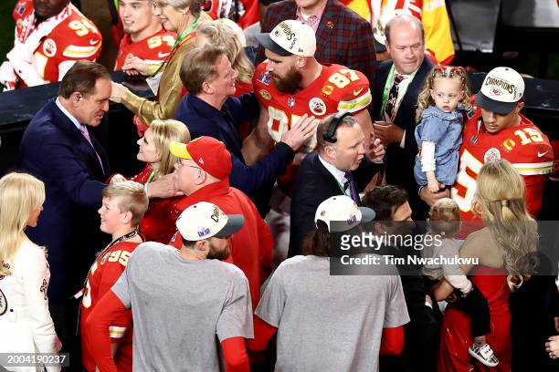 Travis Kelce of the Kansas City Chiefs talks with NFL Commissioner Roger Goodell after defeating the \ during Super Bowl LVIII at Allegiant Stadium...
