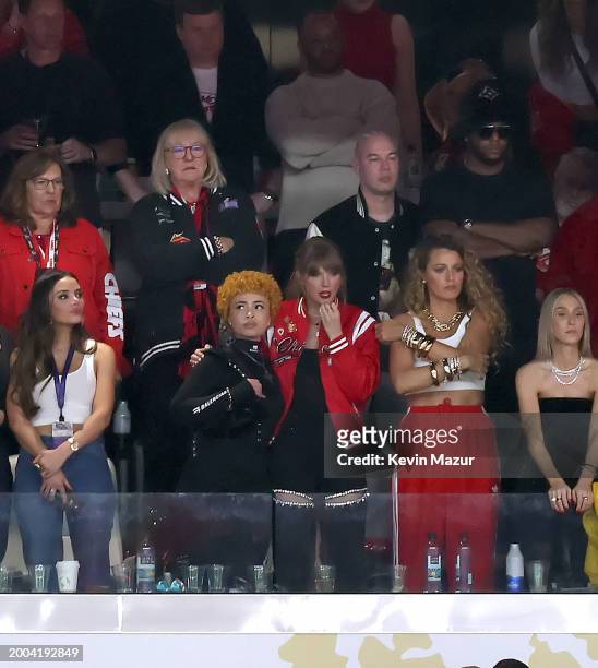 Keleigh Sperry Teller, Donna Kelce, Ice Spice, Taylor Swift and Blake Lively attend the Super Bowl LVIII Pregame at Allegiant Stadium on February 11,...