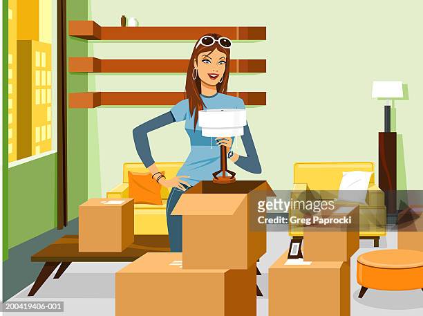 stockillustraties, clipart, cartoons en iconen met woman packing cardboard box - living new house