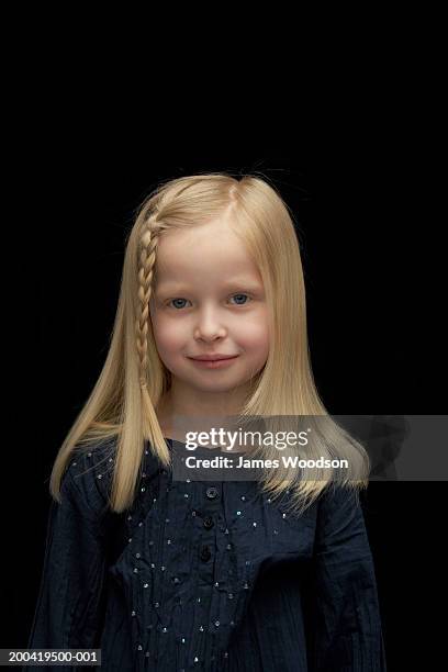 girl (5-7) portrait, close-up - blonde hair black background stock pictures, royalty-free photos & images