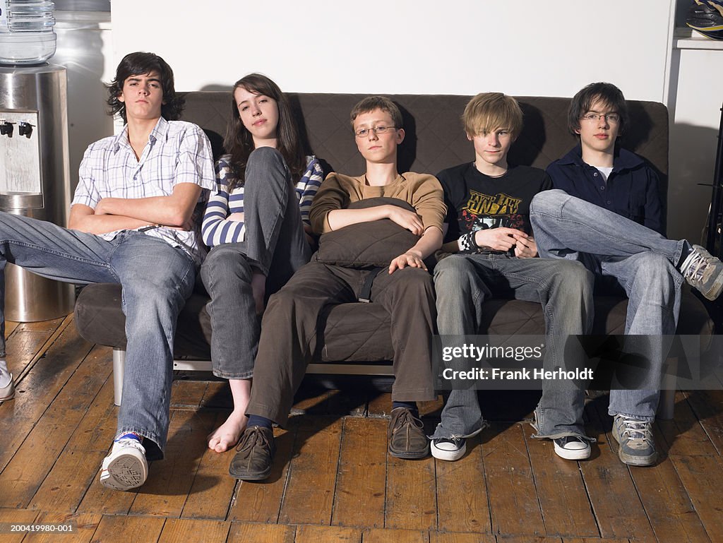Group of teenagers (15-17) sitting on sofa, portrait