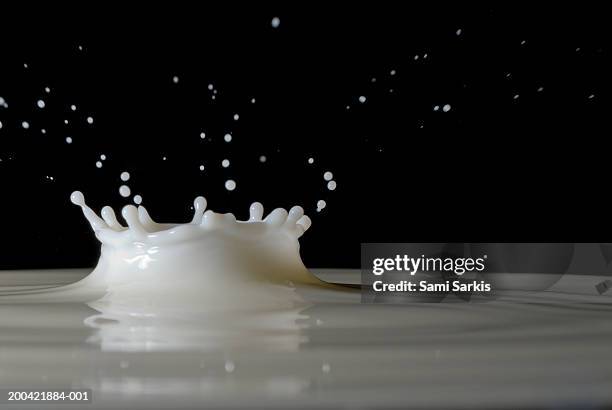 drop of milk splashing, close up - couronne d'eau photos et images de collection