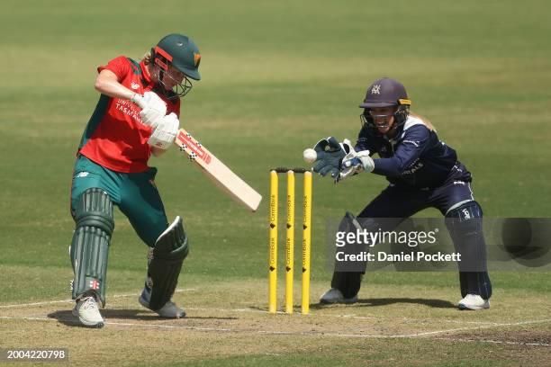 Nicola Carey of Tasmania bats during the WNCL match between Victoria and Tasmania at CitiPower Centre, on February 12 in Melbourne, Australia.