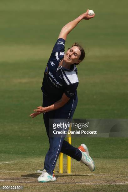 Tayla Vlaeminck of Victoria bowls during the WNCL match between Victoria and Tasmania at CitiPower Centre, on February 12 in Melbourne, Australia.