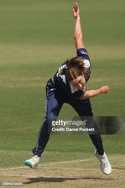Tayla Vlaeminck of Victoria bowls during the WNCL match between Victoria and Tasmania at CitiPower Centre, on February 12 in Melbourne, Australia.