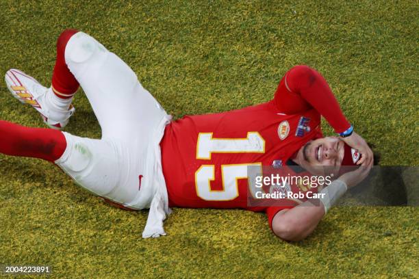 Patrick Mahomes of the Kansas City Chiefs celebrates after defeating the San Francisco 49ers 25-22 during Super Bowl LVIII at Allegiant Stadium on...
