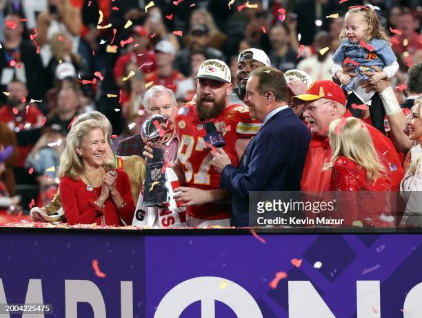 Travis Kelce speaks after defeating the San Francisco 49ers at the Super Bowl LVIII Pregame at Allegiant Stadium on February 11, 2024 in Las Vegas,...