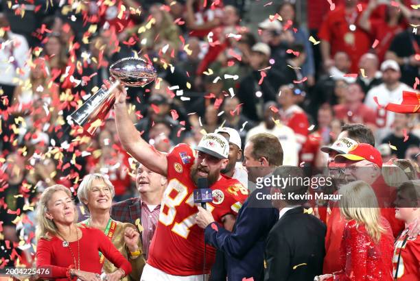 Travis Kelce speaks after defeating the San Francisco 49ers at the Super Bowl LVIII Pregame at Allegiant Stadium on February 11, 2024 in Las Vegas,...