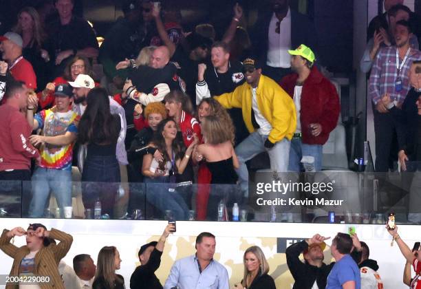 Miles Teller, Keleigh Sperry Teller, Donna Kelce, Ice Spice, Taylor Swift and Blake Lively react to the Kansas City Chiefs win at the Super Bowl...