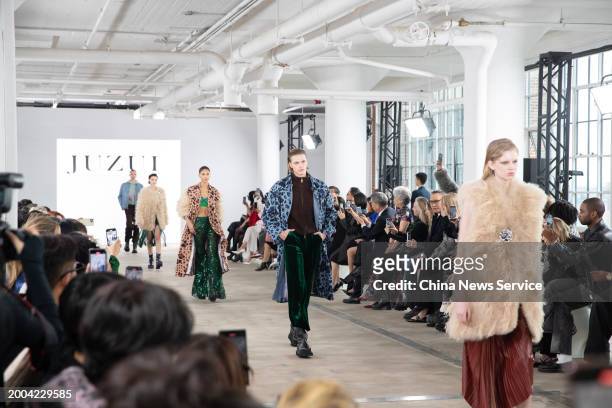 Models walk the runway at the Juzui FW24 collection during New York Fashion Week at the Starrett-Lehigh Building on February 11, 2024 in New York...
