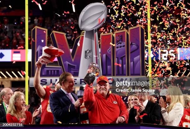 Head coach Andy Reid of the Kansas City Chiefs holds the Lombardi Trophy af during Super Bowl LVIII at Allegiant Stadium on February 11, 2024 in Las...