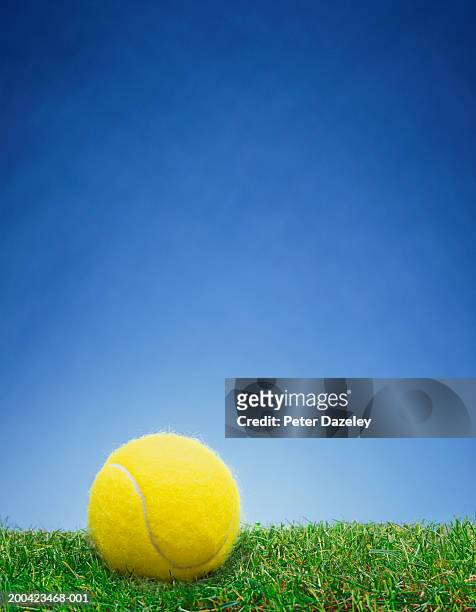 tennis ball on grass, close up - tennis grass stock pictures, royalty-free photos & images