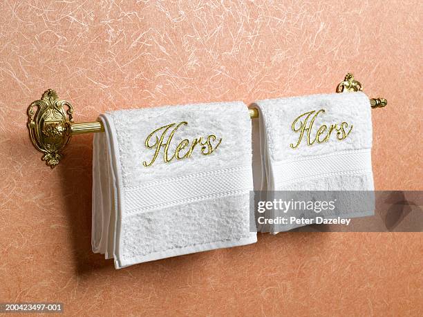 hers and hers towels on towel rail - embroidery letters stock pictures, royalty-free photos & images