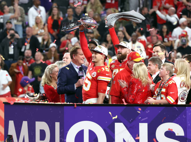 Patrick Mahomes and Travis Kelce after defeating the San Francisco 49ers at the Super Bowl LVIII Pregame at Allegiant Stadium on February 11, 2024 in...