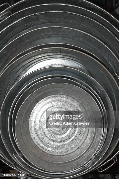 galvinized buckets inside each other, overhead view - metal bucket stock pictures, royalty-free photos & images