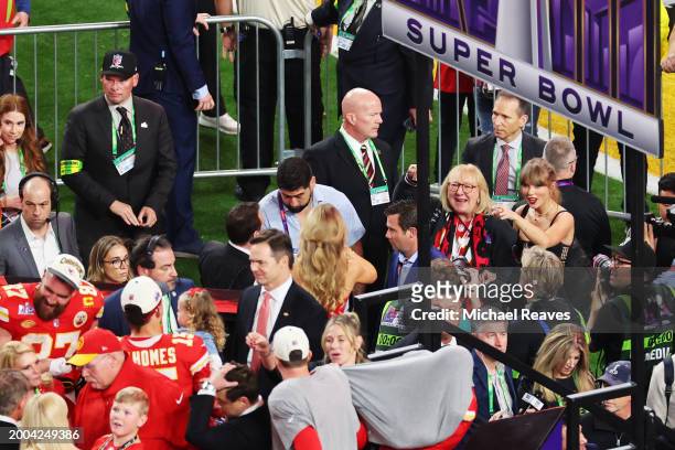 Andrea Swift and her daughter Taylor Swift celebrate after the Kansas City Chiefs defeated the San Francisco 49ers 25-22 in overtime of Super Bowl...